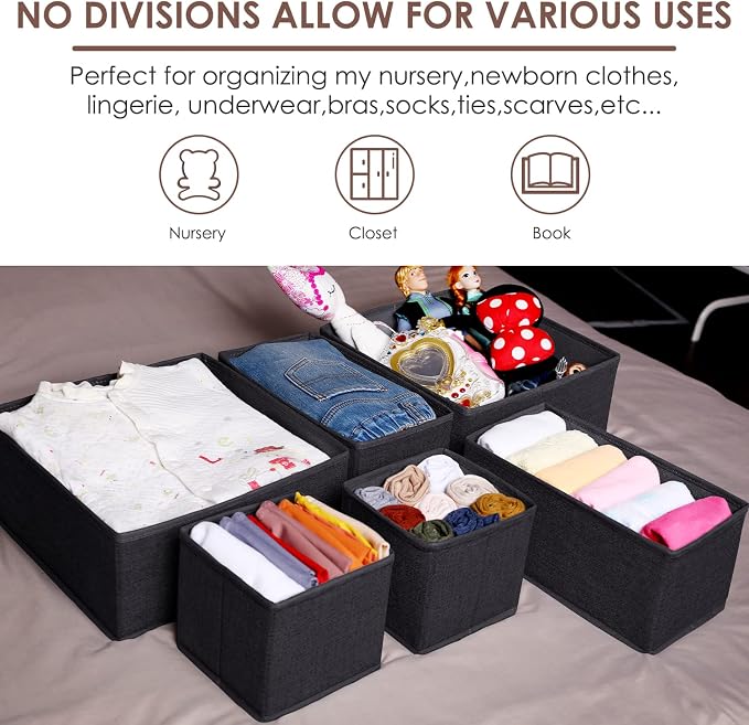 Criusia 6 Pack Clothes Drawer Organizer Dividers, Fabric Foldable Closet Dresser Drawer Organizer for Clothing, Bra Sock Underwear Drawer Organizer for Nursery Bedroom Organization (6 Bins, Black)