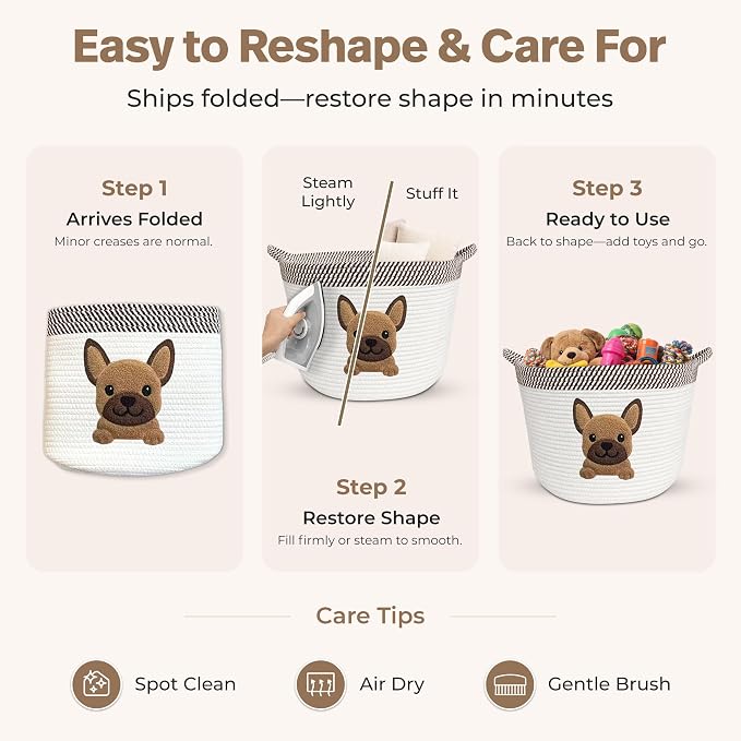 French Bulldog, Pug & Boston Terrier Dog Toy Basket, 15x11 Inch Woven Cotton Rope Storage Bin with Puppy Patch, Large Pet Organizer for Toys, Blankets, Leashes, Living Room Decor (Brown/Beige)
