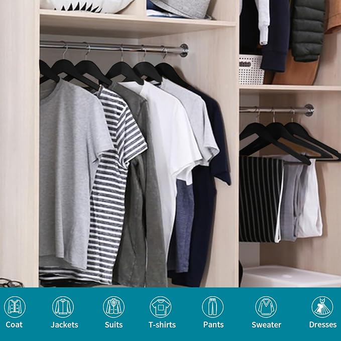 ABHENG 20 Pack Wooden Coat Hangers, 360° Swivel Hook, Suit Hangers with Anti-Slip Notches, Clothes Hangers for Jackets, Shirts, Dress, Black UAWY0520B