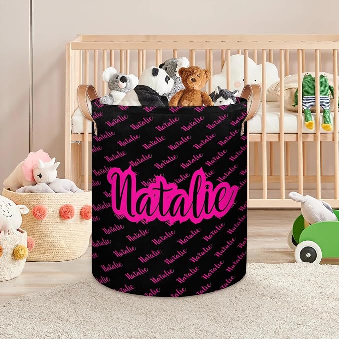 Personalized Laundry Basket, Custom Gift Laundry Hamper, Collapsible Nursery Waterproof Laundry Baskets, Dirty Clothes Toy Hamper with Handles Name Black Hot Pink