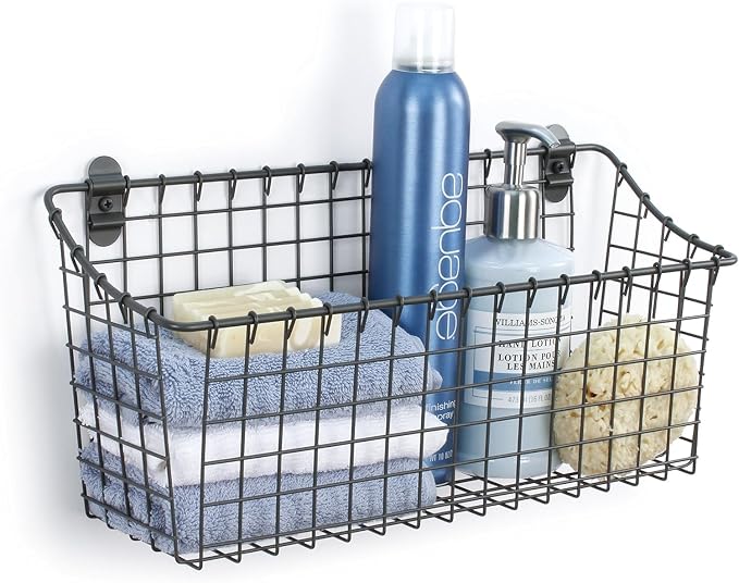 Spectrum Extra Large Wire Wall Mount Storage Basket Industrial Gray, Vintage Wire Basket Wall Mount Organizer Modern for Pantry Kitchen and Bath, Versatile Wall Mount Storage Basket Wire Caddy