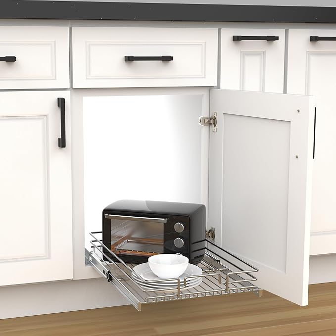 Pull Out Cabinet Organizer, Heavy-Duty Metal Sliding Drawer Shelf for Kitchen Cabinets, Chrome, Doesn't Include Door Fittings (11 * 21 IN)