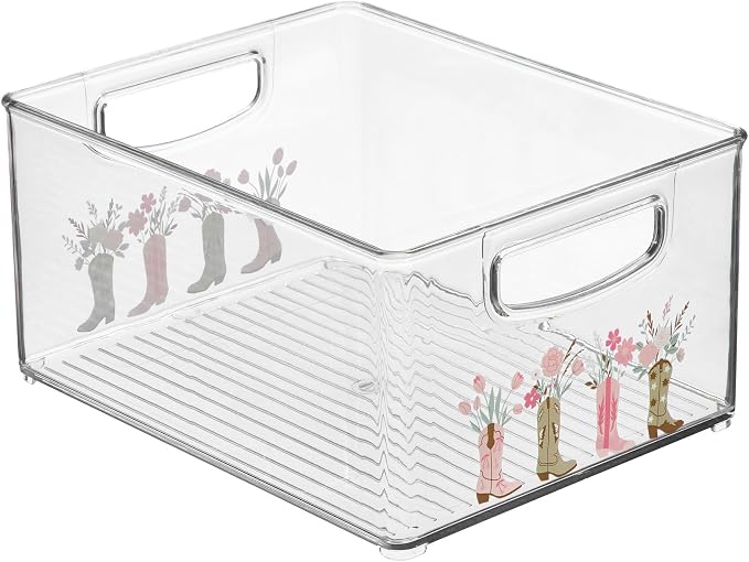 iDesign Bathroom Organizer Bin with Decorative Print - Stackable Plastic Storage Basket for Makeup & Vanity Organization - Clear
