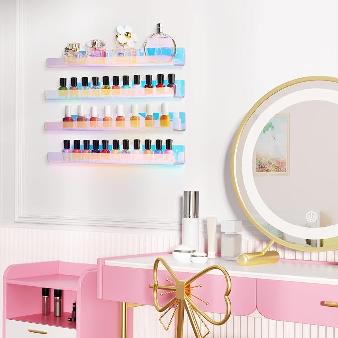 upsimples 4 Pcs 15" Iridescent Acrylic Shelves for Wall Decor and Display | Cute Floating Shelf for Perfume, Skincare, Nail Polish, Wall Organizer for Bedroom, Living Room, Playroom, Room Décor