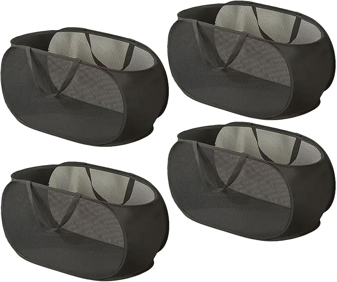 4 Piece Popup Mesh Laundry Basket Durable Handles Collapsible Laundry Baskets Folding Clothes Pastic Hamper for Laundry Room College Dorm (Black)