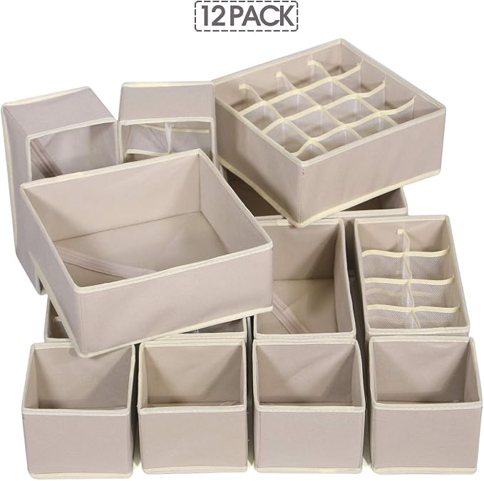 TENABORT 12 Pack Foldable Drawer Organizer Dividers Cloth Storage Box Closet Dresser Organizer Cube Fabric Containers Basket Bins for Underwear Bras Socks Panties Lingeries Nursery Baby Clothes Beige