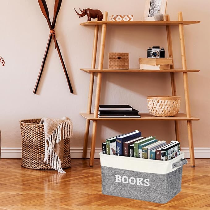 Lukeline Book Storage Baskets for Organizing, 15.5 x 11.6 x 9.4 Storage Basket for Books Cookbook and Recipe, Collapsible Storage Bin, Decorative Baskets for Home, Shelves, Classroom (BOOKS)
