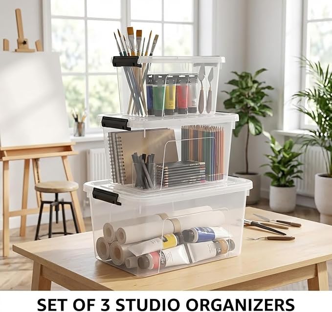 Clear Storage Latch Box/Bin, 3-Pack Plastic Organizing Container with Handle and Lids (7QT/16QT/22QT)