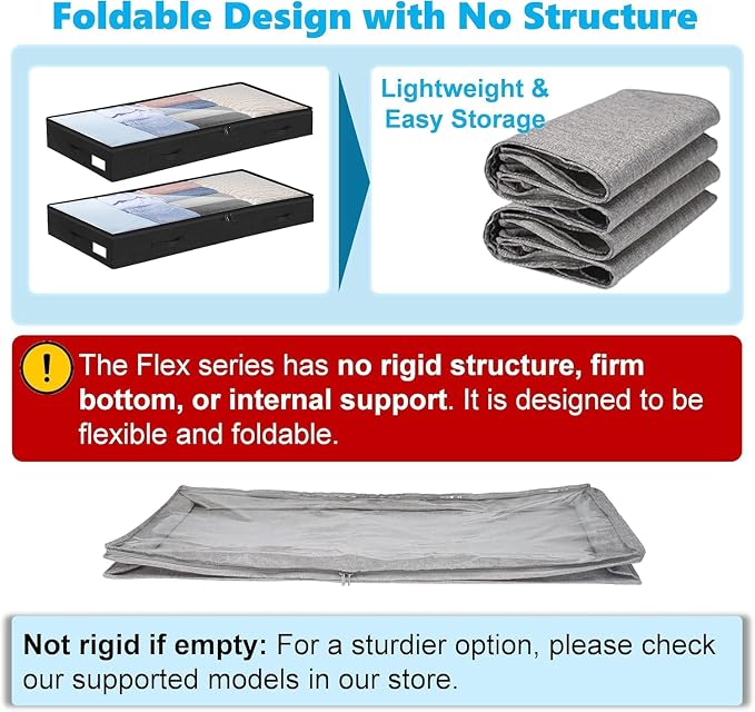 4 Inch Low Profile Under Bed Storage Drawer 4 Pack, Lightweight Underbed Clothes Storage Container Bins With NO STURCTURE, Shallow Storage Bag for Dorm & Home, With Clear Lids & Water-Resistant Fabric