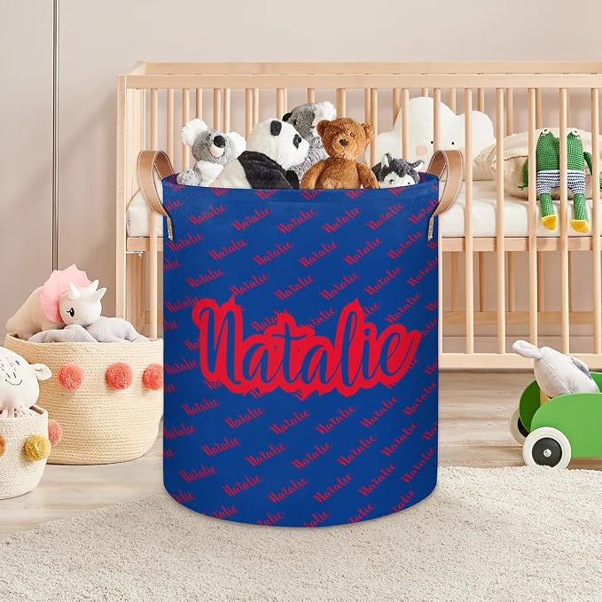 Personalized Laundry Basket, Custom Gift Laundry Hamper, Collapsible Nursery Waterproof Laundry Baskets, Dirty Clothes Toy Hamper with Handles Name Red Blue