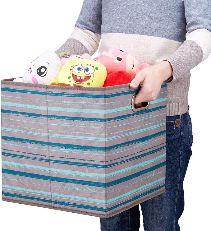 Cloth Storage Bins Set of 4 Thick Fabric Drawers Foldable Cubes Basket Organizer Container with Dual Metal Handles for Shelf Cabinet Bookcase Boxes Gray-Blue Stripes 13x13x13 inch