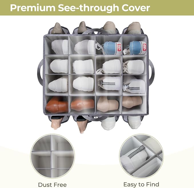 Fabric Shoe Organizer for Closet, Fits up to 24 Pairs, Foldable Shoe Storage Bin Containers with Adjustable Dividers and Clear Cover, Grey, 3 Pack