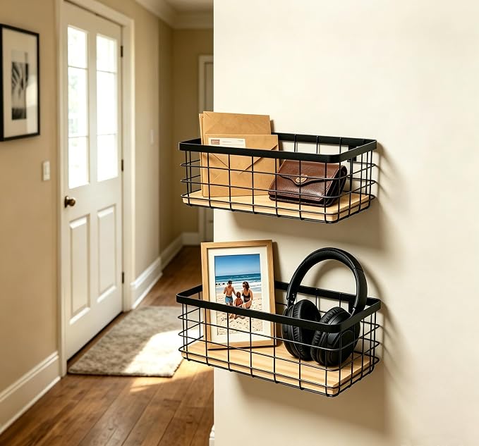 ShabbyDecor Metal Wire Basket for Kitchen Cabinet Pantry Bathroom Set of 2 | Detachable Wood Base, Farmhouse Hanging Basket, Storage Organizer for Kitchen, Cabinet, Bathroom, Pantry, Laundry Room