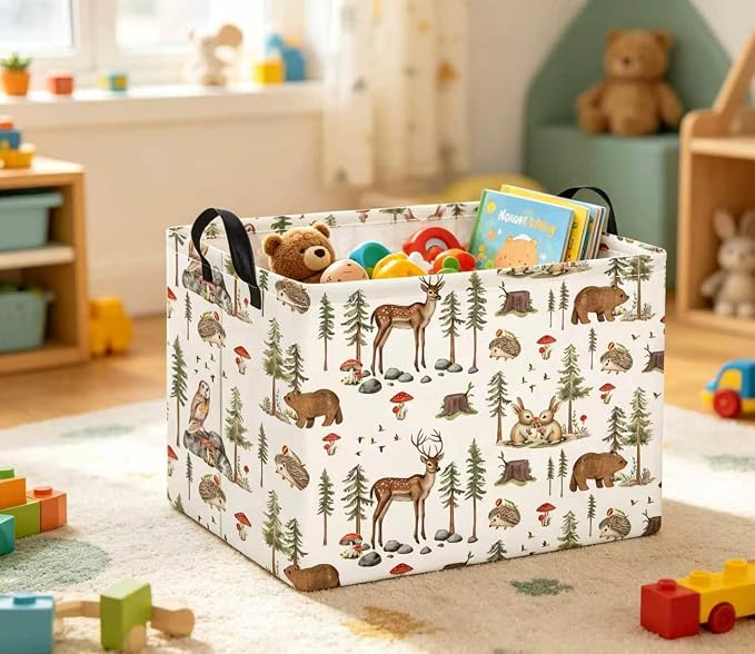 Rectangular Baby Kids Storage Basket for Home Kitchen Girls Cute Toy Storage Bin Organizer Shelf Book Room Decor(Pine Tree Animal)