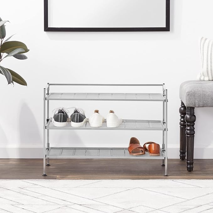 Seville Classics Multi Level Shoe Rack Sturdy Freestanding Shelf for Bedroom, Closet, Entryway, Stackable Durable Metal Home Storage, 3-Tier, 12-Pair Mesh, Satin Pewter Mesh 1 Piece