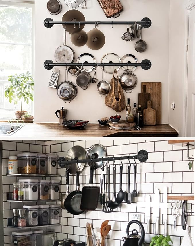 Industrial Pipe Pot Pan Rack 21" (2 Pack), Wall mount Pot hangers Pan Hanging Rail Lid Hanger for kitchen with 10 S Hooks