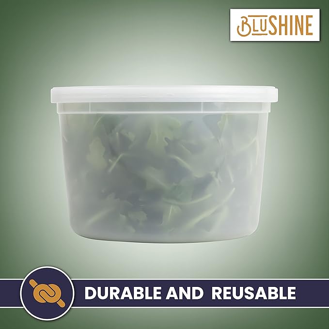 BluShine Deli Containers with Lids, Plastic Food Storage Containers | 64 oz, 12 sets Plastic Deli Food Storage Containers with Airtight Leak Proof Lids, Reusable, Microwave and Freezer Safe