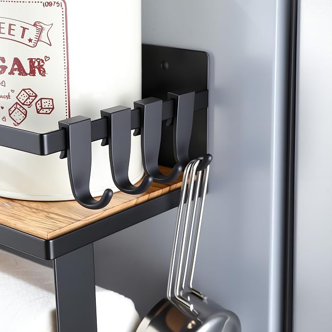 SUNTECH Magnetic Paper Towel Holder with Shelf, 2 Pack Kitchen Roll Holder with 4 Hooks, Farmhouse Spice Rack Organizer Strong Magnets for Fridge, Grill, Black