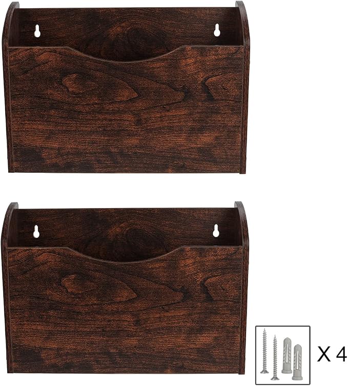 PAG Wall File Holder Wall Mounted Wood Hanging File Organizer for Office, 2 Pockets, Brown