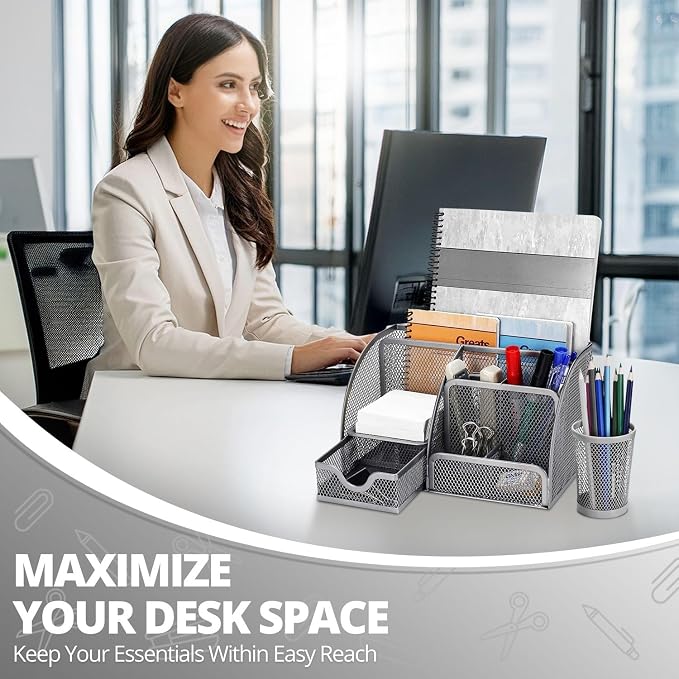 Flexzion Desk Caddy Organizer Set (Silver Gray) - Metal Mesh Desktop Caddy with Drawers, 6 Compartments, and Pencil Holder for Women & Men - Desktop Organizer and Storage for Work or Office Supplies | Compact desktop caddy with separate pen holder; 8.7...
