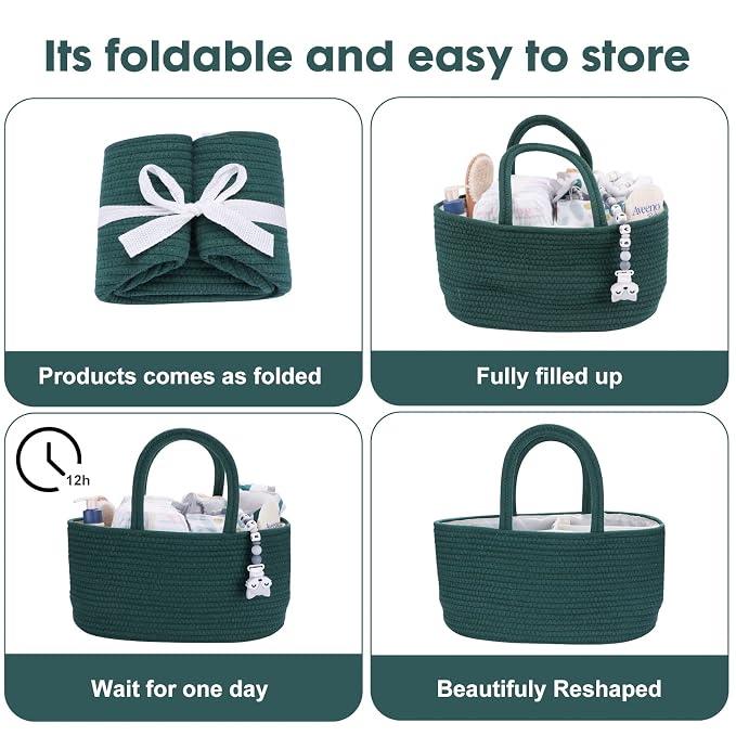 Baby Diaper Caddy Organizer for Girl Boy Rope Nursery Storage Bin Basket Portable Holder Tote Bag for Changing Table Car Travel Baby Shower Gifts Newborn Essentials Registry Must Have Items Dark Green