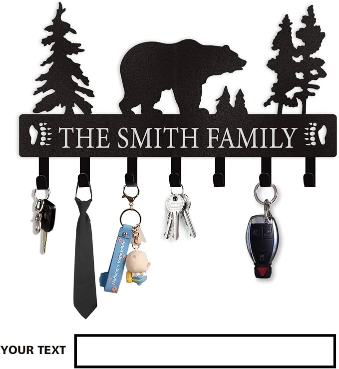 Dyoart Personalized Key Holder for Wall, Custom Metal Black Bear Coat Hook Key Holder with Name, Metal Key Rack Hanger Organizer for Entryway, Front Door, Hallway, Kitchen, Office Decor