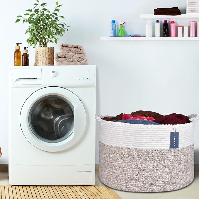 COMSE Extra Large Blanket Basket, Woven Laundry Basket, 21.7”x 13.8”, Nursery Hamper, Cotton Rope Laundry Hamper Living Room for Storage Toys Clothes Towels (White & Light Brown)