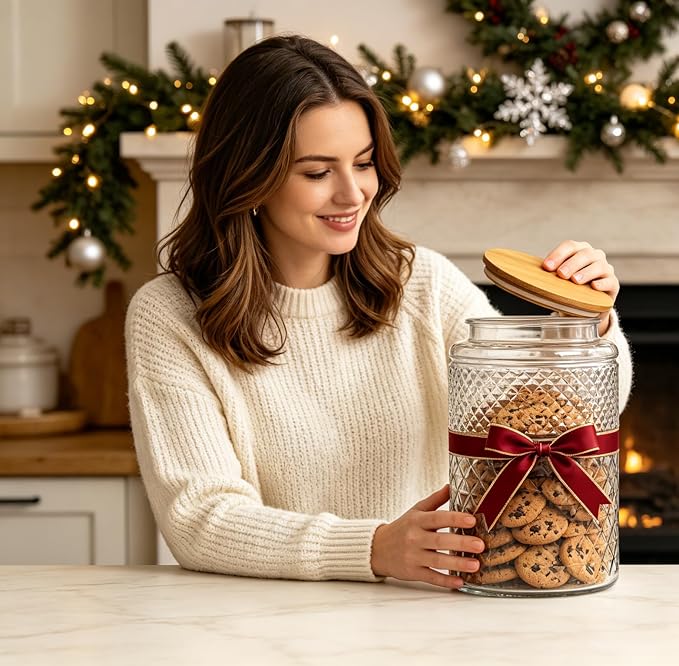 Prettidecor 1 Gallon Large Airtight Glass Storage Jars with Bamboo Lid, Kitchen Pantry Bathroom Laundry Room Organizer Canisters for Flour, Sugar, Cookie, Pasta, Rice, Snack, Coffee Bean, Cereal