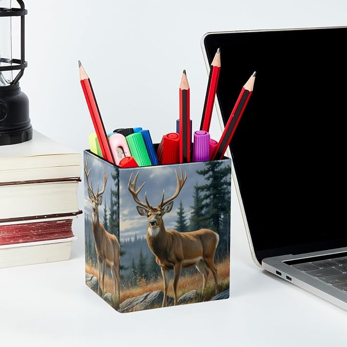 Pen Holder for Desk, Forest Deer Pencil Holder, Pen Cup Functional Desk Organizer for Office Supplies