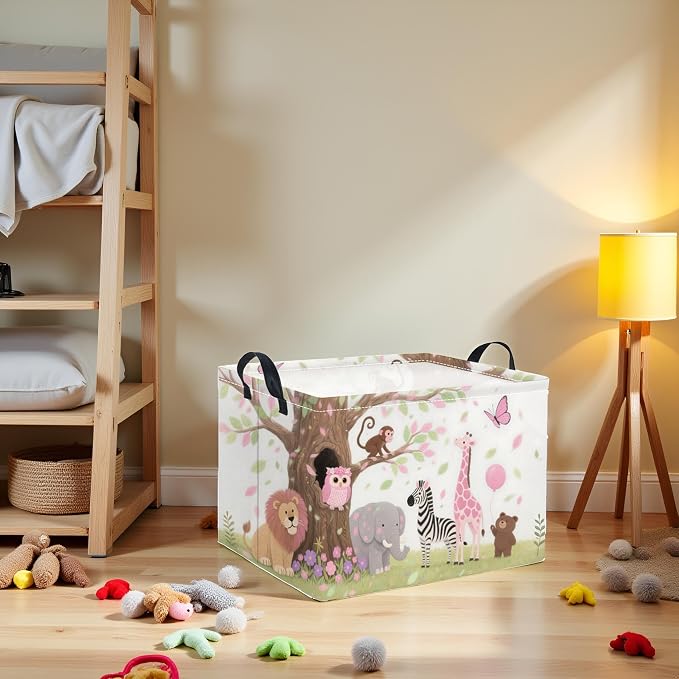 Rectangular Baby Kids Storage Basket for Home Kitchen Girls Cute Storage Bin Organizer Shelf Book Room Decor(Pink Animal)