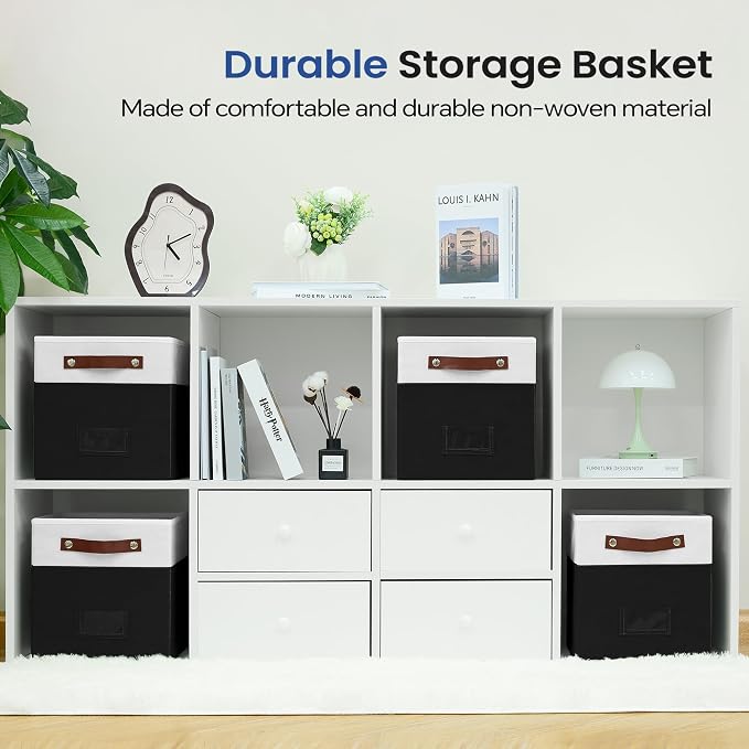 FinishingBo 6-Pack Storage Cubes with Handles & Label Holders Basket, Closet Cube Home Organizer Bins(White/Black, 10.5 x 10.5 x 11 inch)