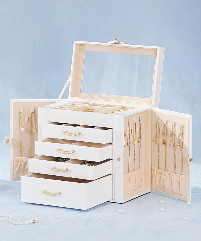 Enthralite Jewelry Box with 4 Drawers : Jewelry Display Organizer for Earrings Necklaces - Gift for Girls Women | White