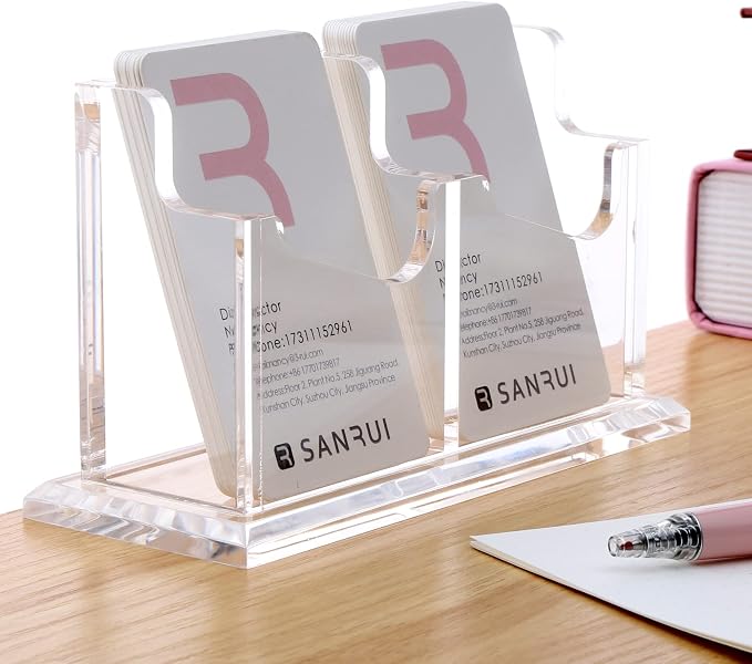 SANRUI Vertical Business Card Holder for Desk,Clear Acrylic Business Card Display Stand,2 Slots 1 Tier ,Holds 100 Cards