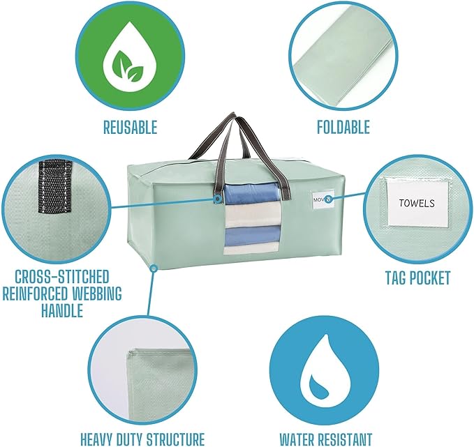 VENO 8 Pack Heavy Duty Moving Bags, Packing Bags with Clear Window, Alternative to Moving Boxes, Storage Bins for Clothes, Blankets, Comforters, College Dorm Essentials (Shiny Light Green, 8 Pack)