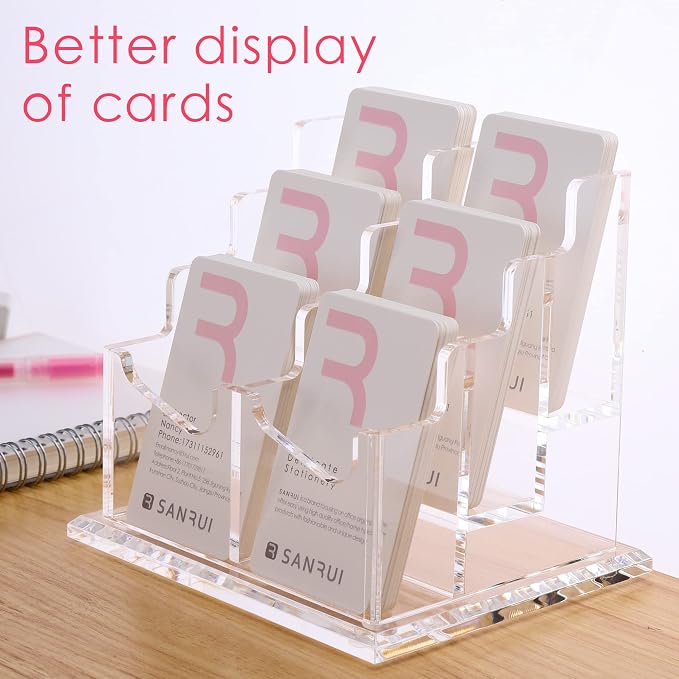 SANRUI Vertical Business Card Holder for Desk,Clear Acrylic Business Card Display Stand,6 Slots 3 Tier ,Holds 300 Cards