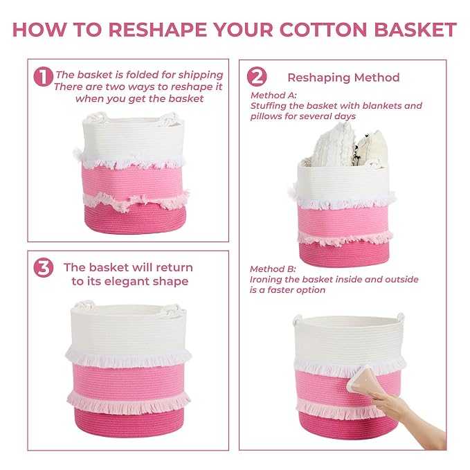 CherryNow Extra Large Woven Storage Baskets – 16'' x 17'' Cotton Rope Decorative Pink Hamper for Nursery, Toys, Blankets, and Laundry, Cute Tassel Nursery Décor for Baby & Girl