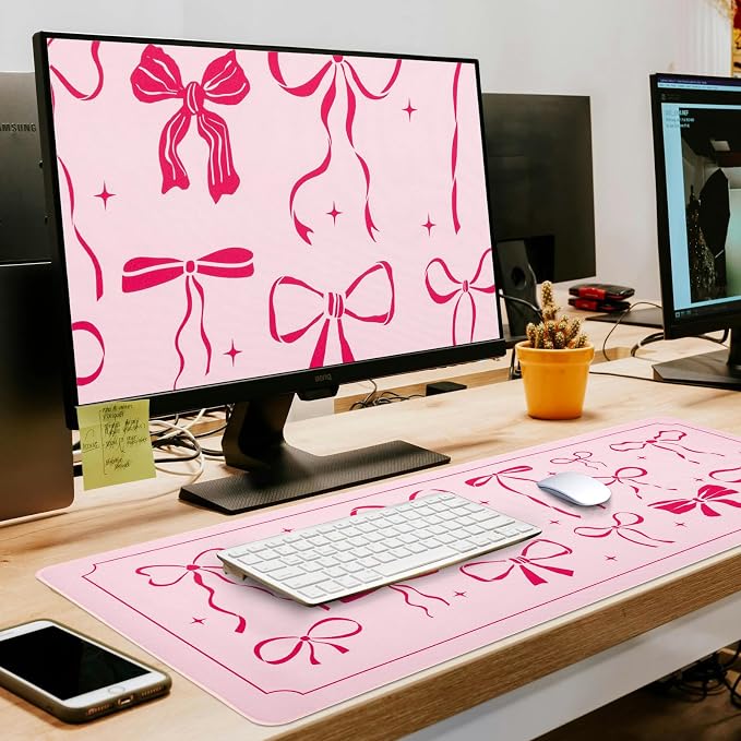 L-SPOUTTO Pink Bow Desk Mat for Keyboard and Mouse,Cute XXL Large Mouse Pad | Non-Slip Keyboard Pad Waterproof Girly Desktop Mat for Laptop Computer Work Game Home Office-Pink Ribbon