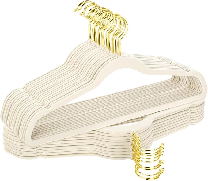 TIMMY 36-Pack Velvet Hangers with Gold Hooks - Space-Saving Non-Slip Heavy-Duty Clothes Hangers for Coats, Suits, Dresses, and Sweaters - Slim Design(Ivory+Gold)