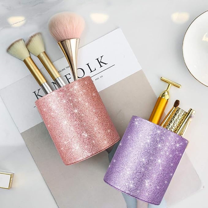 Pen Holder for Women Girls, Pencil Cup Desk Glitter Sturdy Makeup Brush Holder Large Pu Leather Luxury Multi-Functional Organizer Cup for Office, Classroom, Home, Purple