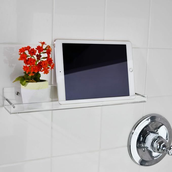 AMT 4 Pack Acrylic Floating Shelves, 15" L x 3.25" W, Clear Bathroom Wall Shelf, Bookshelves, Invisible Display for Office, Bedroom, Small Gap Allows Water to Escape, Free Screws & Drill Bit (Medium)