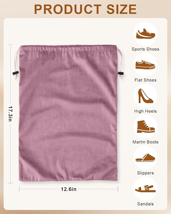 4 Pcs Shoe Bags for Travel, Dust Velvet Bags, Parfait Pink, 17.3x12.6 Inch | Washable & Reusable Travel Shoe Bags, Dustproof Shoe Bags with Drawstring Closure, Suitable for Travel, Home Storage