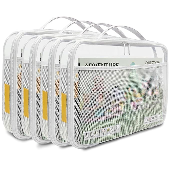 holay 4 Packs Large PVC Toy Storage Organizer with Zipper, Name Tag & Manual Pocket, Clear Durable Case for Blocks, Clay, Board Games, Travel (White, Large)