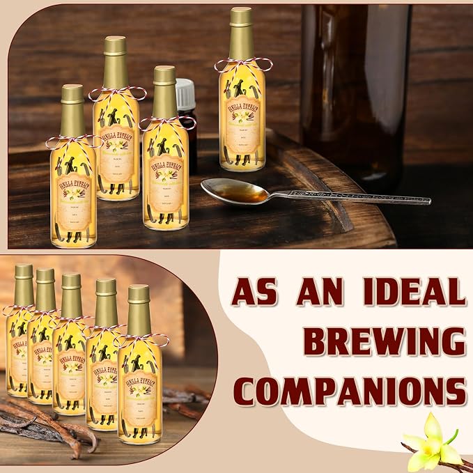 Tioncy 16 Pcs Empty Vanilla Extract Bottles for Homemade Vanilla Jar Glass Bottle with Cap, Shrink Band, Sticker DIY Crafts Wedding Gift Food Storage Canister for Bean(Gold,8.5 oz)