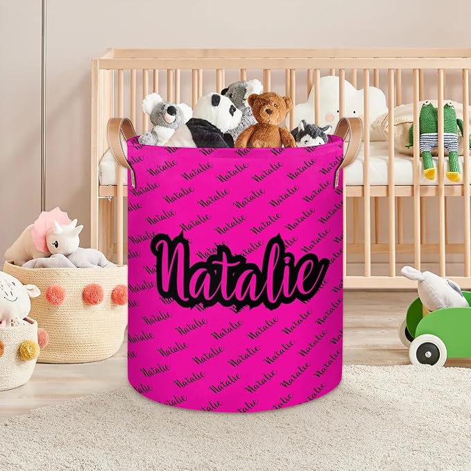 Personalized Laundry Basket, Custom Gift Laundry Hamper, Collapsible Nursery Waterproof Laundry Baskets, Dirty Clothes Toy Hamper with Handles Name Hot Pink Black