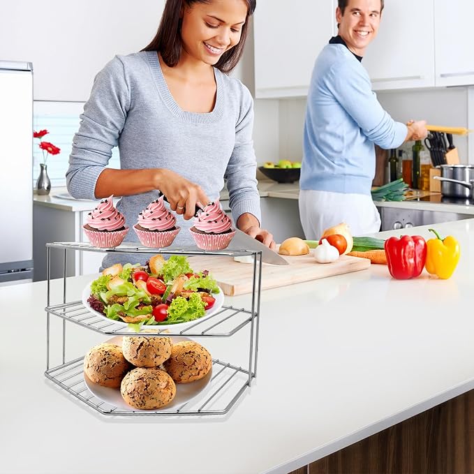 3-Tier Corner Shelf Counter and Cabinet Organizer - Steel Metal Wire - Rust Resistant - Plates, Dishes, Cabinet & Pantry Organizer - Kitchen Organization (10 x 7.5 Inch) (Chrome)