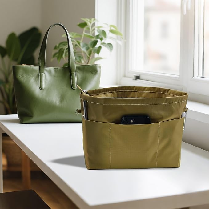 Handbag Tote Purse Organizer Insert, Small, Khaki Green | Bag Divider Liner Shaper Separator in Bag with Zipper, 11 Pockets Compartments