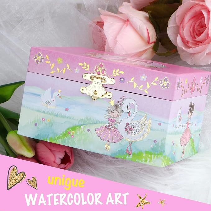 Kids Musical Jewelry Box for Girls- Glitter Storage Box and Jewelry Set- Ballet Birthday Gifts for Little Girls, Ballerina Theme - Swan Lake Tune Pink, 6 x 4.7 x 3.5 in - Ages 3-10