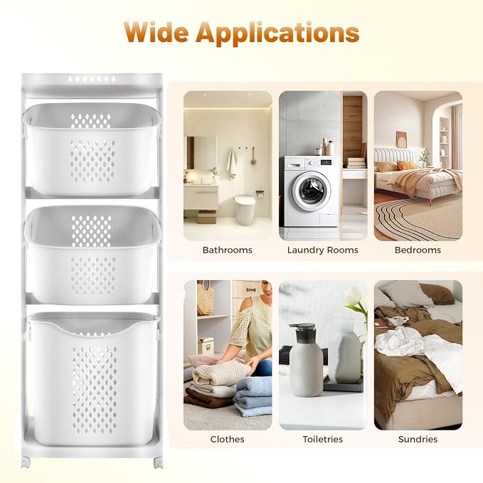 3 Tier Laundry Hamper Basket Sorter Clothes Storage Organizer Shelf Rolling Cart