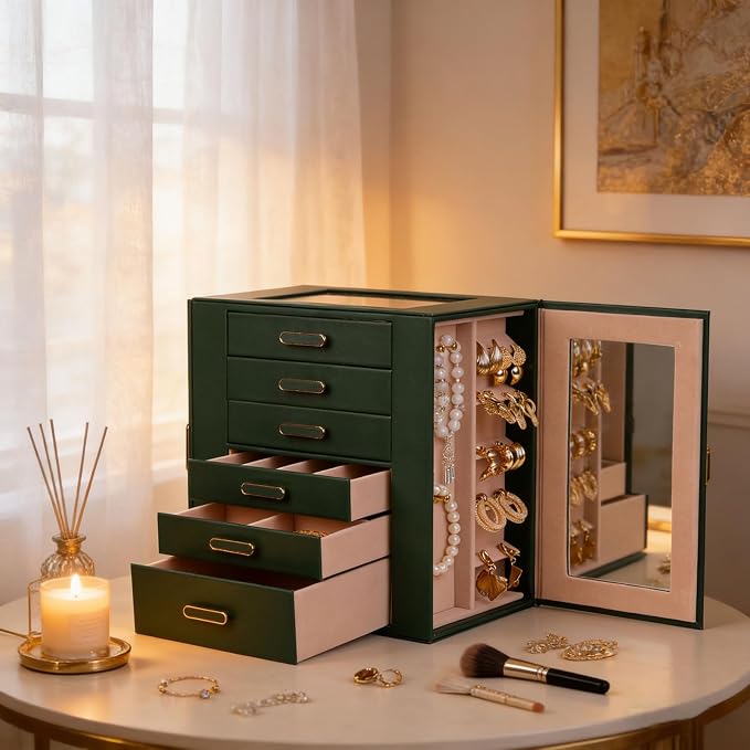 BOOVO Clear Lid Jewelry Box,3 Layers Jewelry Organizer Large Jewelry Storage Box with 2 Drawers,Jewelry Holder Organzier of Rings Earrings Necklace Bracelets for Women (Green, 6 Layer)