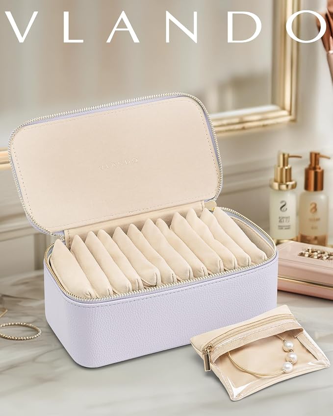 VLANDO Jewelry Travel Case,Travel Jewelry Organizer with Clear Velvet Jewelry Bags 12Pcs Zipper Pouch for Women Earrings Organizers-Purple